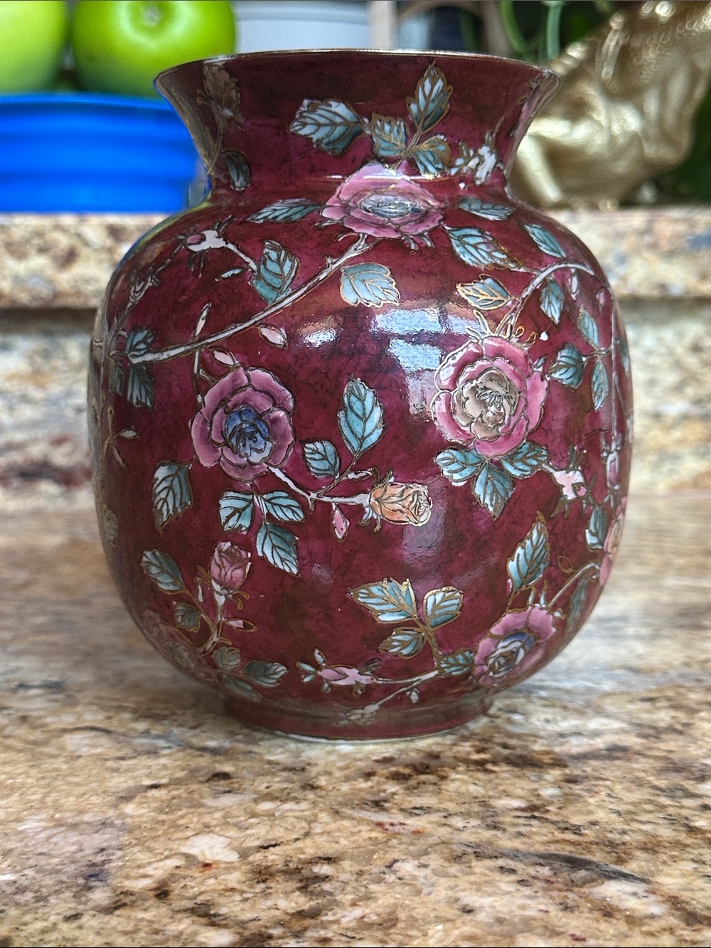 Hand-Painted Floral Ceramic Vase in Burgundy with Pink Roses